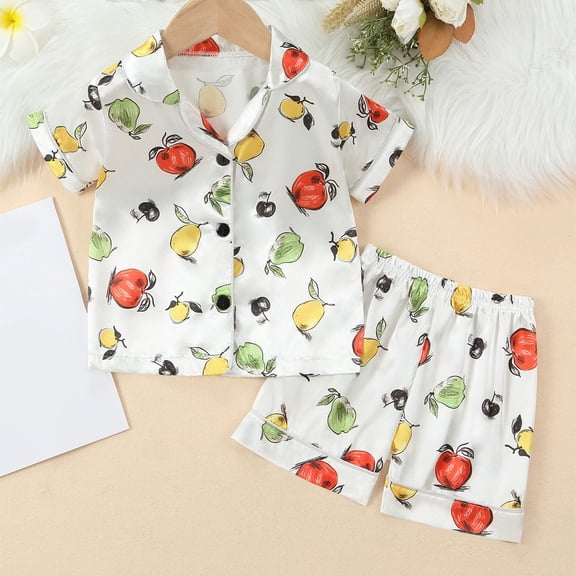 ATOGUTA Boys Girls Fleece Pajama Set 1T-8 Cute Graphic Button Down Short Sleeve Shirts And Shorts Outfits Stain Homewear White