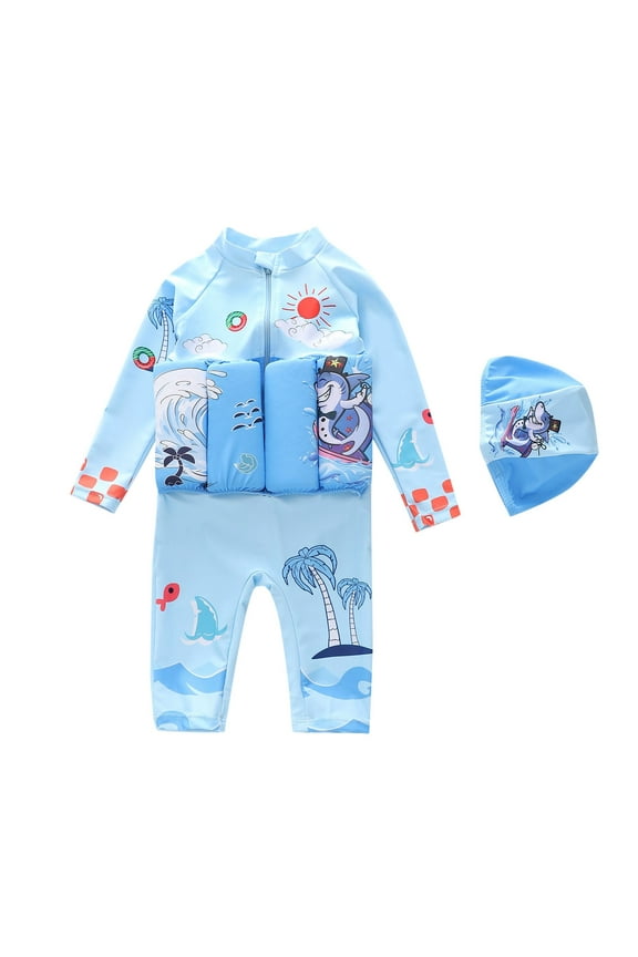 Boys Girls Floatation Swimsuit with Adjustable Buoyancy Baby One Piece Swimwear Float Suit Swim Cap Bathing Suit Sky Blue, Size 6M-2T