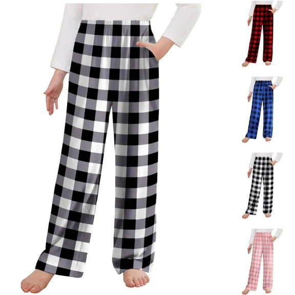 ATOGUTA Boys Girls Pants Kids Plaid Pj Pants Comfy Lounge Sleepwear Bottoms with Pockets Black, Size 4T-14