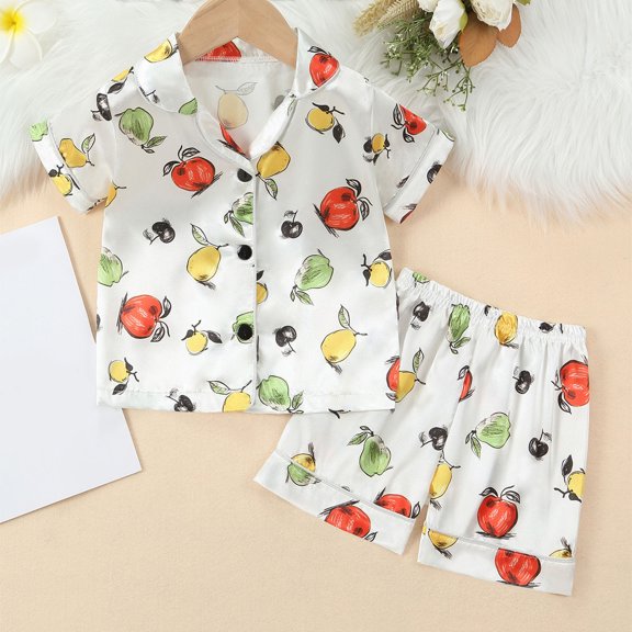 ATOGUTA Boys Girls Outfits Sets 1T-8 Cute Graphic Button Down Short Sleeve Shirts And Shorts Outfits Stain Homewear White