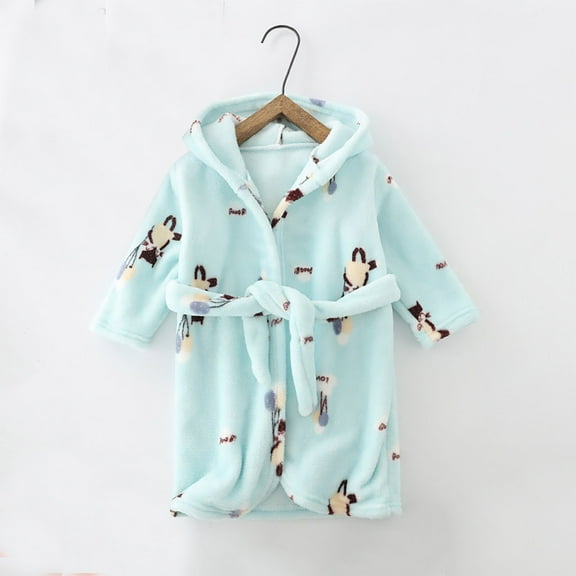 ATOGUTA Boys Girls Robe Winter Fleece Night Robes Kids Flannel Long Sleeve Hooded Bath Robe Warm Pajamas Light Blue, Size 1T-8