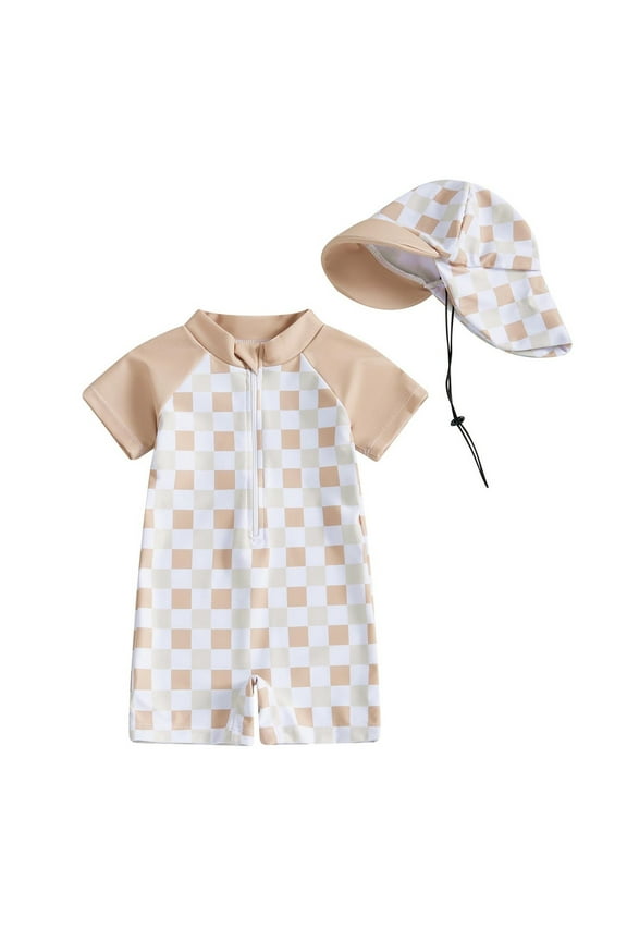 Boys Girls Short Sleeve Swimsuits with Cap Rash Guard Suits Swimwear Sun Protective Zip Khaki, Size 0-3T