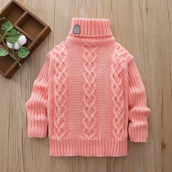ATOGUTA Boys Girls' Sweaters Turtleneck Long Sleeve Cable Knit Sweater Chunky Pullover Jumper Fall Winter Pink, Size 3T-9