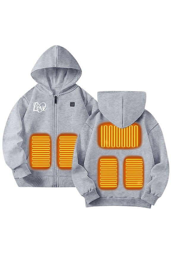 Boys Heated Hoodie Zip Up Electric Heating Sweatshirt Fall Winter Heated Sweater Size 4T-14, Gray