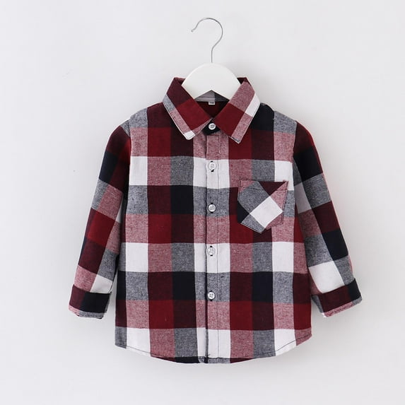 ATOGUTA Boys' Hooded Down Coats Flannel Plaid Shirts Kids Cotton Long Sleeve Button Down Shirt Wine, Size 1T-10