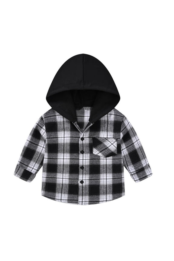 Boys Long Sleeve Button Down Shirts Black Plaid Button Front Long Sleeve Hooded Shirt Casual Tops Size 7-15