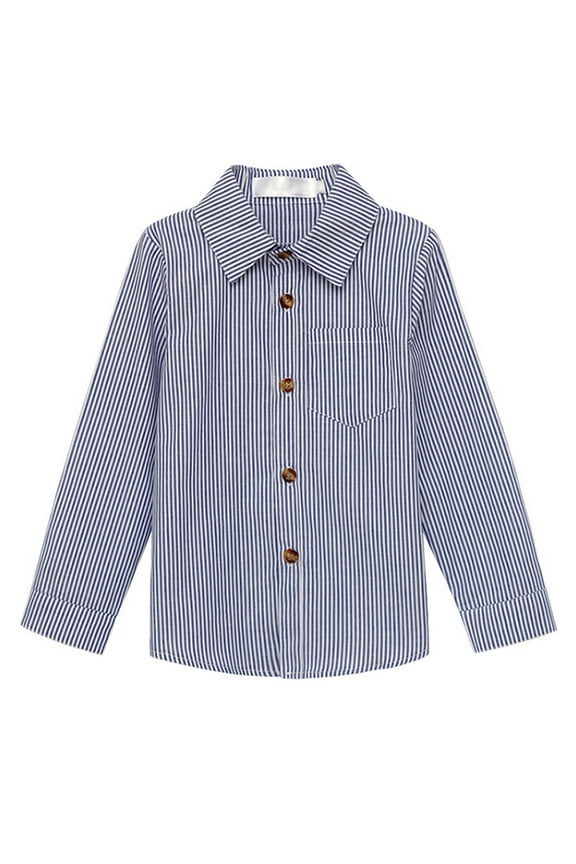 Boys’ Long Sleeve Dress Shirt Striped Button Down Shirts Uniform Woven Button Up Shirt Blue, Size 2T-13