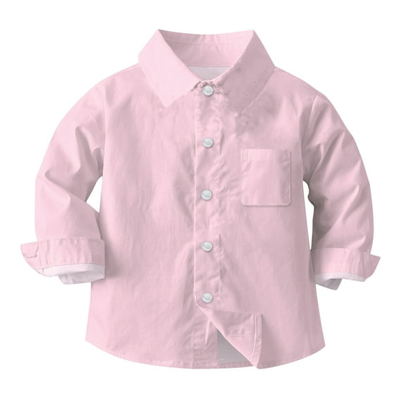 ATOGUTA Boys' Long Sleeve Dress Shirts Classic Collared Button-Down Tshirt with Chest Pocket Pink, Size 6M-8