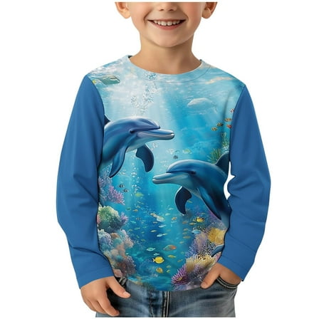 ATOGUTA Boys Long Sleeve Shirts Long Sleeve Tee Tops Casual Graphic Clothes Crew Neck Shirts Blue, 3-14 Years