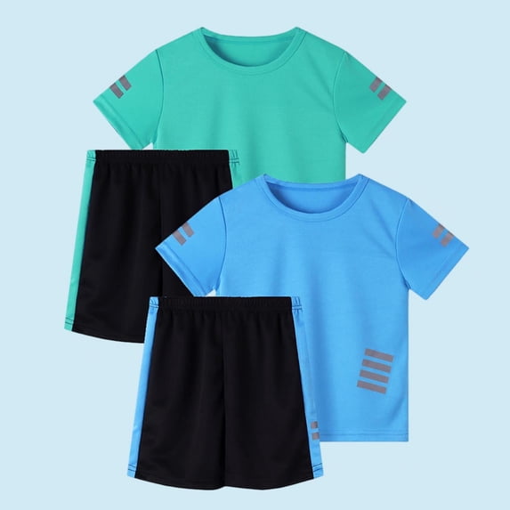 ATOGUTA Boys Matching Outfits Kid's Reflective Strip Mesh Pullover Tee and Athletic Shorts 4 Piece Set Size 5T-14, Mint Green