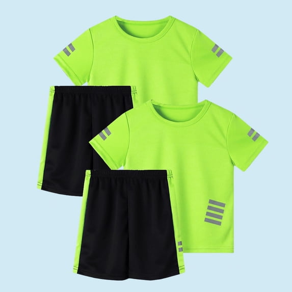 ATOGUTA Boys Matching Outfits Kid's Reflective Strip Mesh Pullover Tee and Athletic Shorts 4 Piece Set Size 5T-14, Yellow