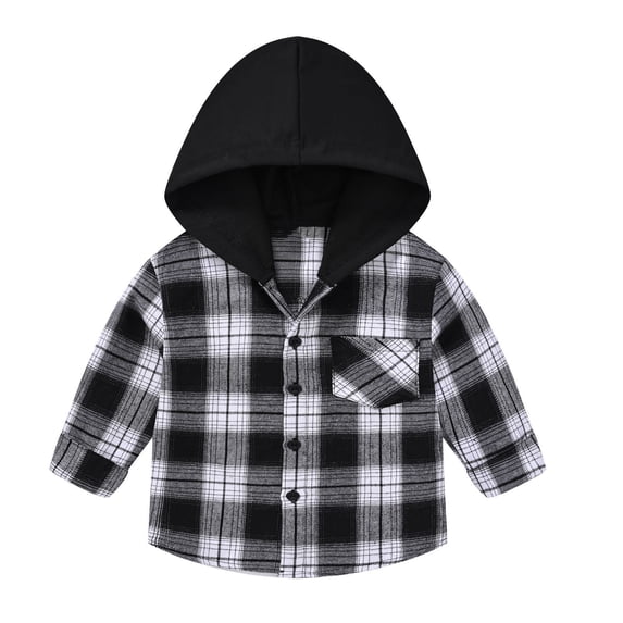 ATOGUTA Boys Plaid Button Down Shirt Black Plaid Button Front Long Sleeve Hooded Shirt Casual Tops Size 7-15
