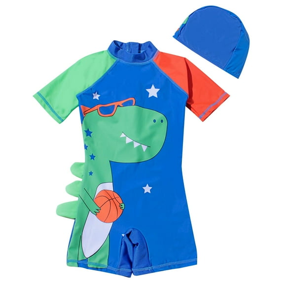 ATOGUTA Boys Rash Guard Swimsuit Kid Water Sport Short Swimsuit Sun Protection Bathing with Swim Cap Light Blue, Size 2T-15
