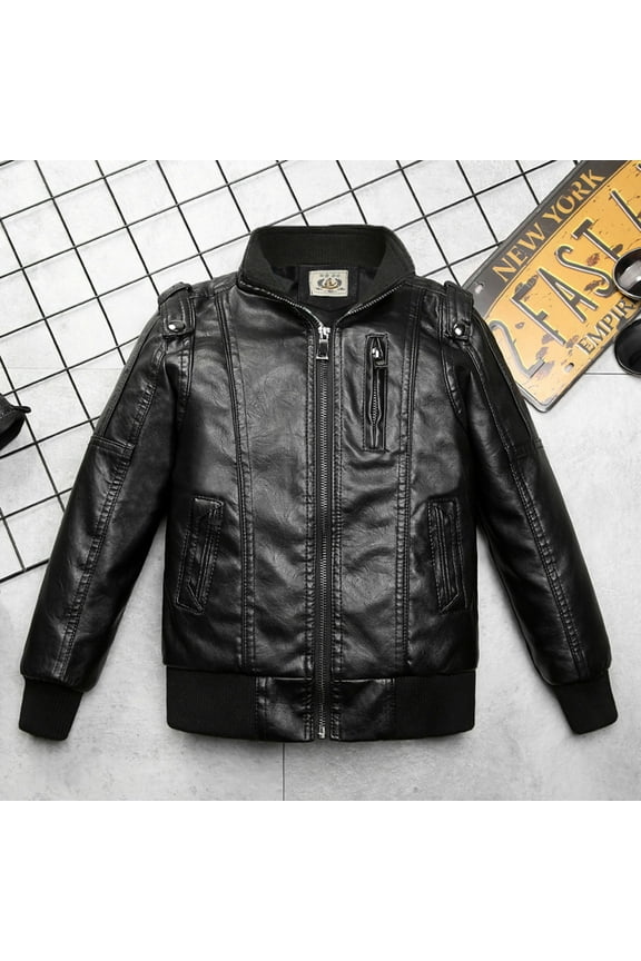 Boys' Reversible Lightweight Puffer Jacket Children Collar Motorcycle Faux Leather Coats Kids Bomber Soft Faux Leather Jackets Black, Size 3T-17