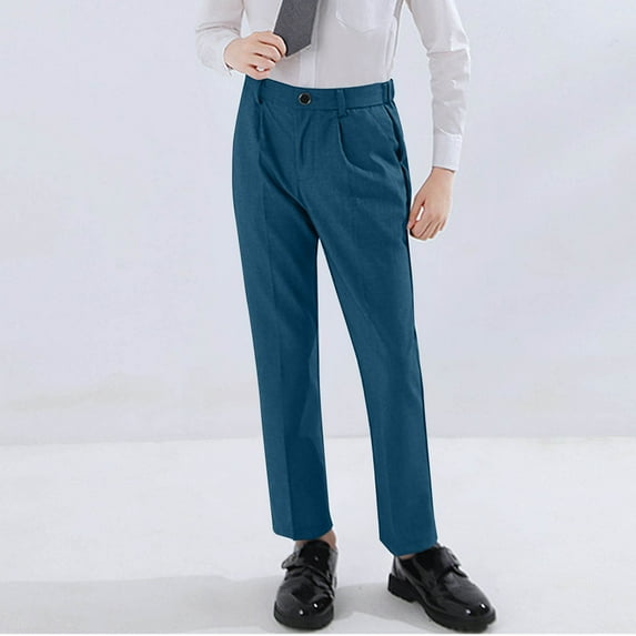 ATOGUTA Boys School Uniform Pants Flat Front Dress Pants Pull on Adjustable Waist Pant Size 2T-18, Blue