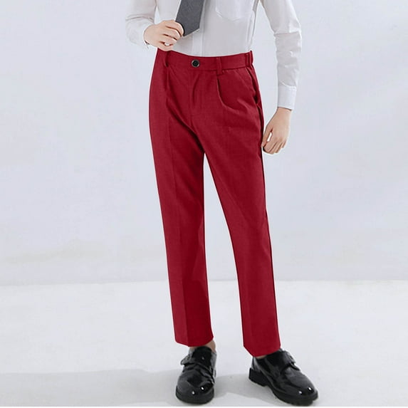 ATOGUTA Boys School Uniform Pants Flat Front Dress Pants Pull on Adjustable Waist Pant Size 2T-18, Wine