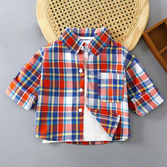 ATOGUTA Boys Short Sleeve Shirts Kids Casual Short Sleeve Western Pearl Snap Button Plaid Shirt Red, 1-11 Years