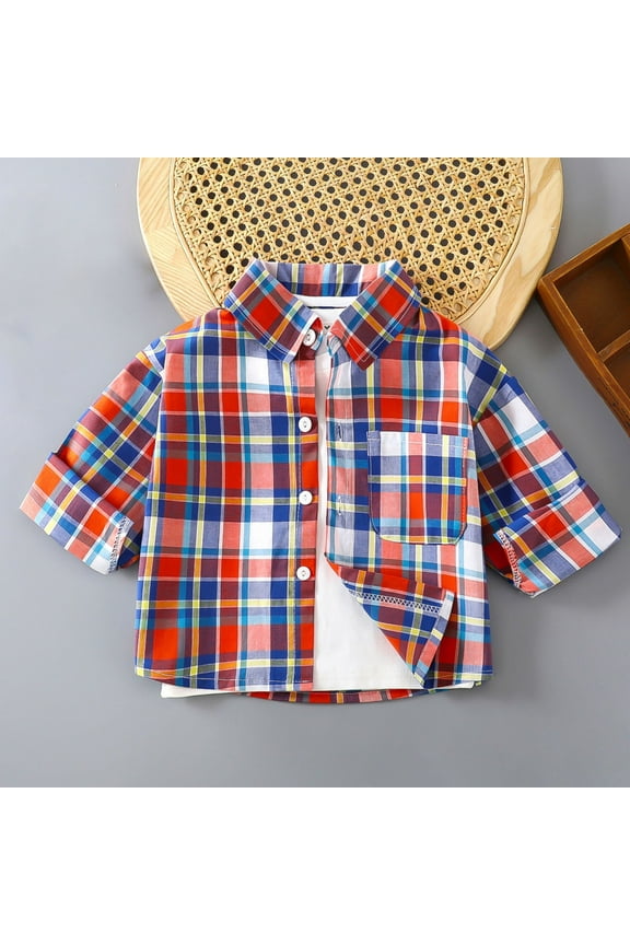 Boys Short Sleeve Shirts Kids Casual Short Sleeve Western Pearl Snap Button Plaid Shirt Red, 1-11 Years