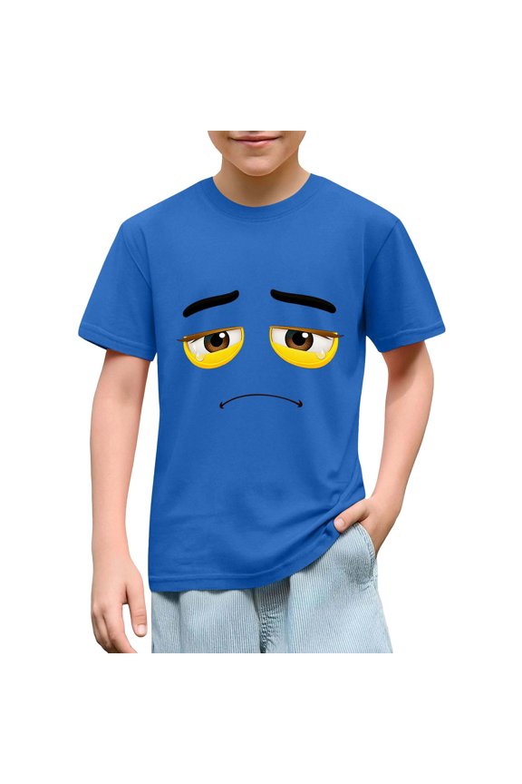 Boys Short Sleeve Tshirt Crew Neck Short Sleeve Basic Tees Cute Expression Print Casual Summer Tops Blue, Size 3T-10