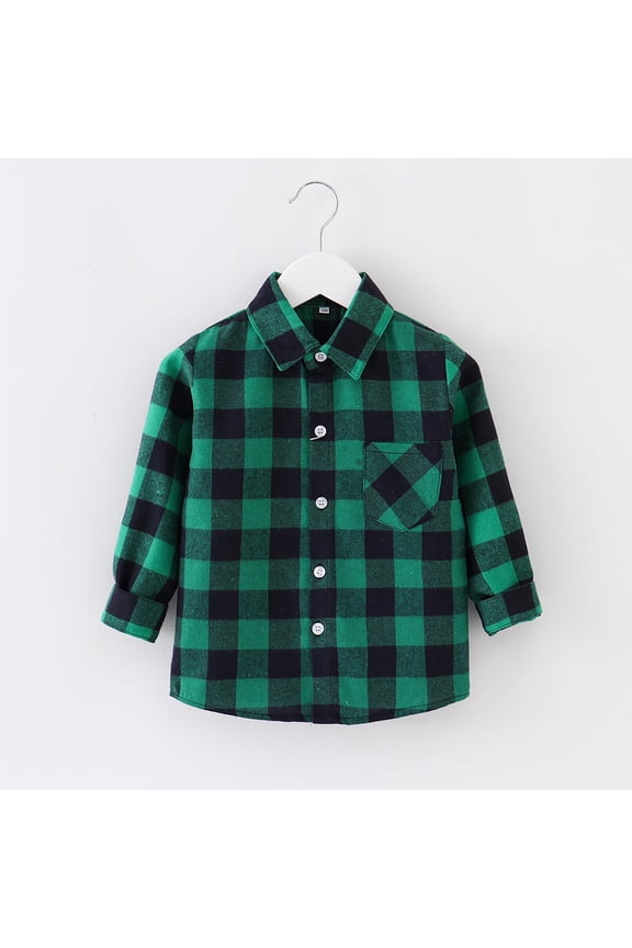 Boys Ski Jacket Flannel Plaid Shirts Kids Cotton Long Sleeve Button Down Shirt Green, Size 1T-10