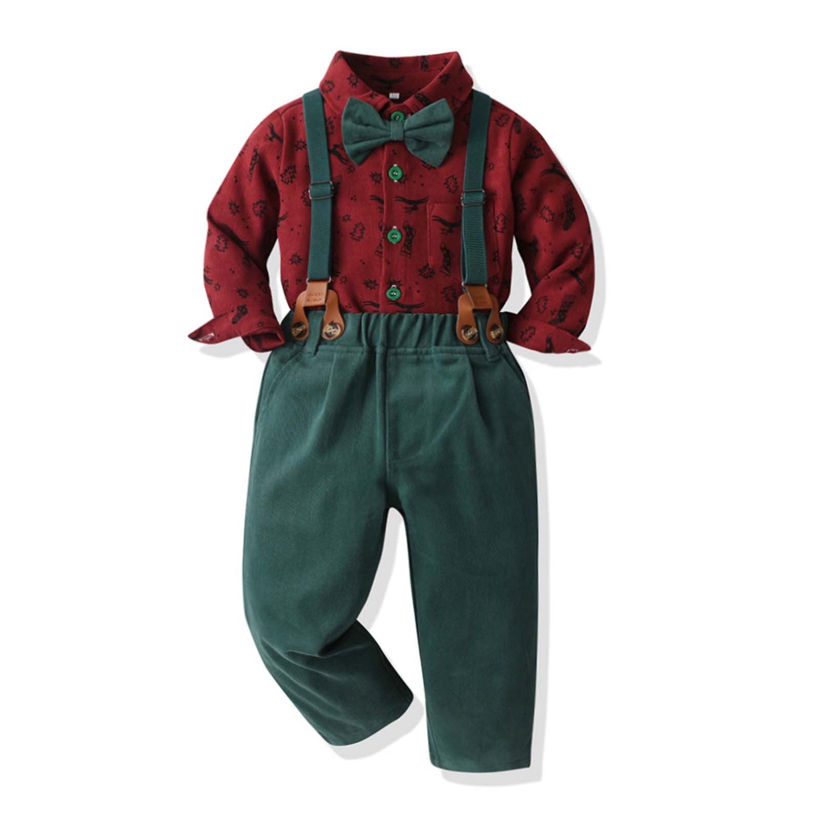 IWEMEK Baby Boy Gentleman Outfit | Long Sleeve Plaid Shirt, Suspenders, Pants & Bow Tie Set (Formal Suit)