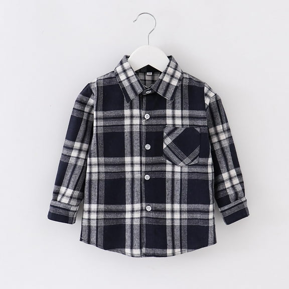 ATOGUTA Boys Suit Jacket Flannel Plaid Shirts Kids Cotton Long Sleeve Button Down Shirt Navy, Size 1T-10