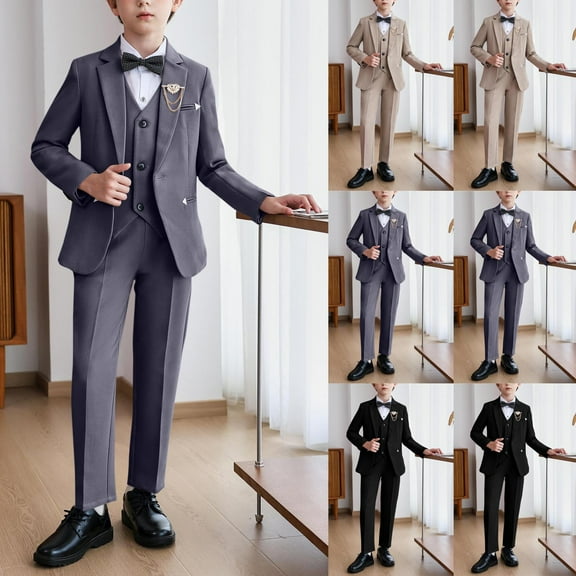 ATOGUTA Boys Suit Sets 6 Piece Slim Fit Kids Tuxedo Suit Formal Wedding Outfit Blazer Shirts Vest Pants Set with Bow Tie Brooch Size 2T-16, Gray