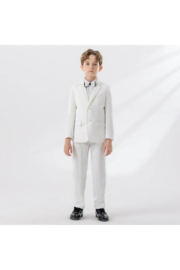 Boys' Suits 1T-14 with Dress Shirt, Bow Tie, Jackets, Vest, and Pants Classic Formal Suit Set White