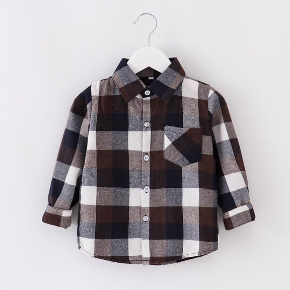 ATOGUTA Boys' Suits & Sport Coats Flannel Plaid Shirts Kids Cotton Long Sleeve Button Down Shirt Coffee, Size 1T-10