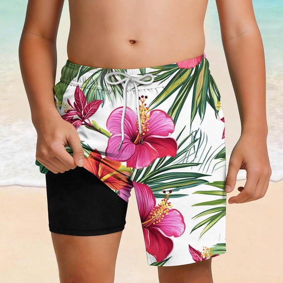 ATOGUTA Boys Swim Shorts with Liner Bathing Suits Summer Quick Dry Swimwear Swim Trunks Size 5T-14, Pink
