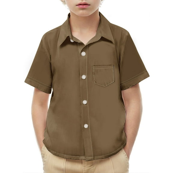 ATOGUTA Boys' T-Shirts Kids Casual Button Down Shirts with Chest Pocket Brown, 2-15 Years