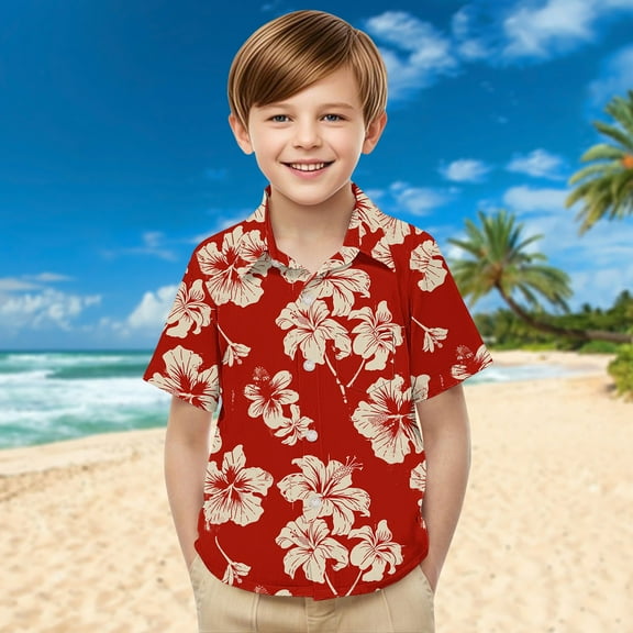 ATOGUTA Boys' Tops, Tees & Shirts Short Sleeve Button Down Hawaiian Shirt Casual Floral Tropical Beach Shirts Red, 2-15 Years