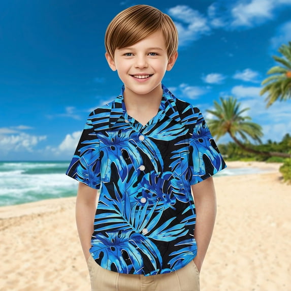 ATOGUTA Boys Tshirts Short Sleeve Button Down Hawaiian Shirt Casual Floral Tropical Beach Shirts Blue, 2-15 Years