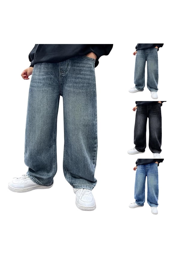 Boys Uniform Jeans Size 5T-15 Casual Straight Leg Baggy Jeans Kids Elastic Waist Loose Denim Pants with Pockets Blue
