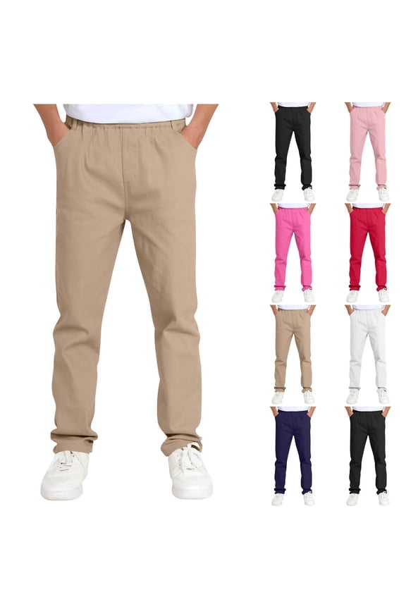 Boys Uniform Pants Kids Elastic Waist Straight Leg Dress Pants Casual Trousers with Pockets Size 5T-14, Khaki
