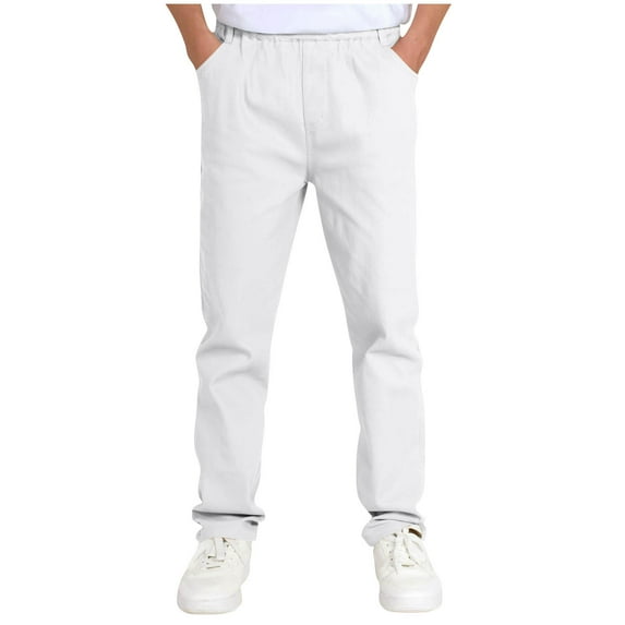 ATOGUTA Boys Uniform Pants Kids Elastic Waist Straight Leg Dress Pants Casual Trousers with Pockets Size 5T-14, White