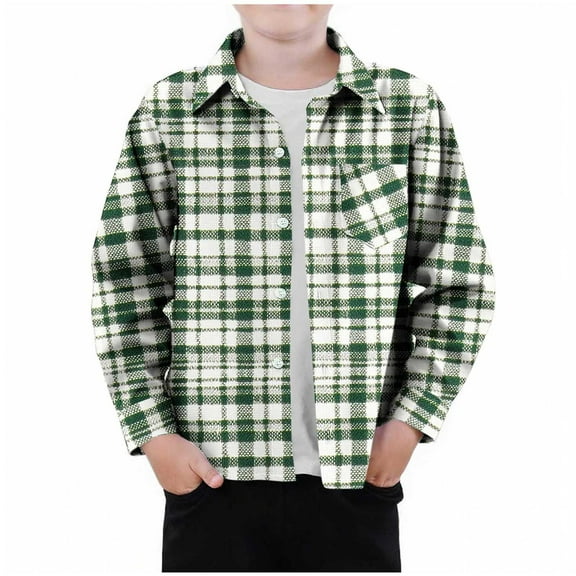 ATOGUTA Boys Uniform Shirt with Chest Pocket Long Sleeve Casual Button Down Shirts Plaid Tops Size 3T-9, Army Green