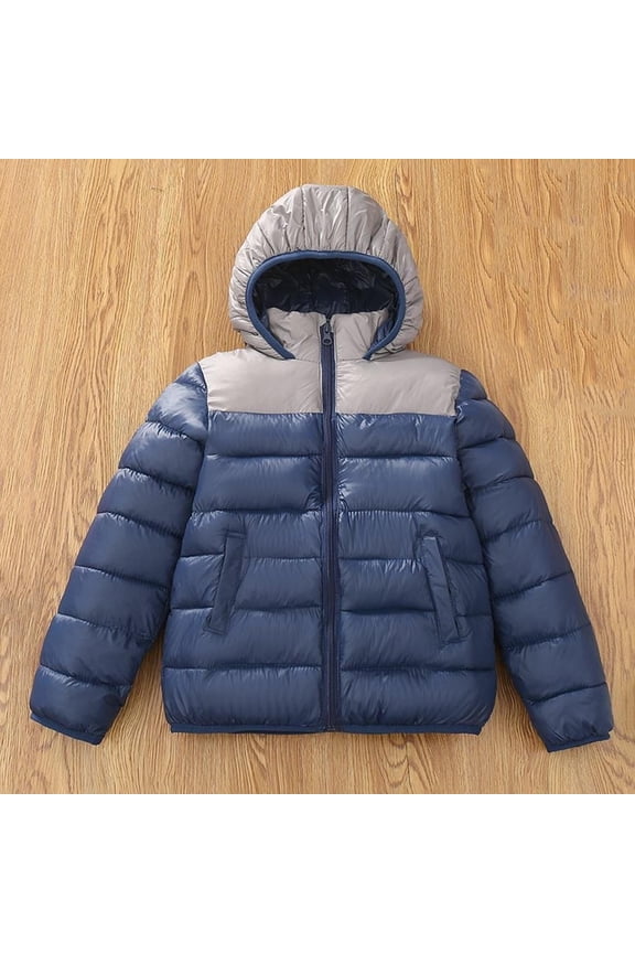 Boys Winter Hooded Puffer Jackets Kids Warm Down Coats Light Weight Padded Outerwear Size 7-14, Navy