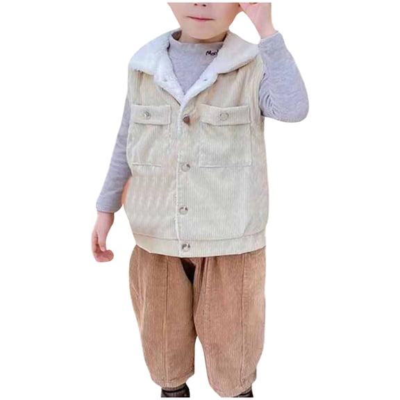 ATOGUTA Boys Winter Jacket Fleece Vest Jacket Button Up Warm Sleeveless Outwear Beige, Size 2T-8