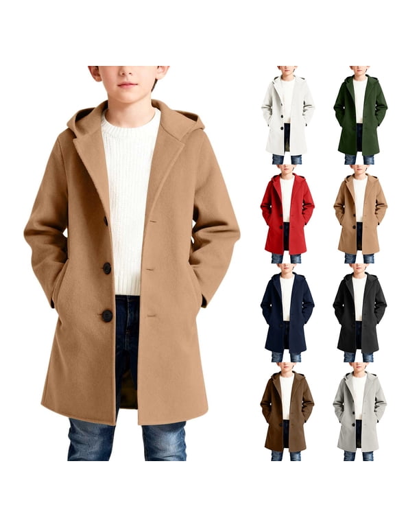 Boys Winter Pea Coat Dress Coats Kids Trench Coat Winter Pea Coat with Pockets Size 5T-14 Khaki