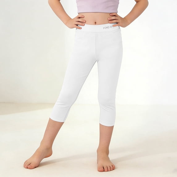 ATOGUTA Capri Leggings for Girl Kids Stretchy Elastic Waist Athletic Pants Summer Slim Skinny Sports Casual Tights Size 3T-13, White