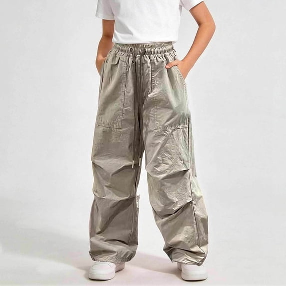 ATOGUTA Cargo Pants Girls High Waist Elastic Waist Wide Leg Trousers Youth Casual School Sports Travel Size 5T-16, Khaki