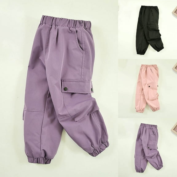 ATOGUTA Cargo Pants Girls Size 3T-15 High Waisted Elastic Waist Lightweight Outdoor Fleece Jogger Pants Purple
