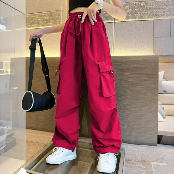 ATOGUTA Cargo Pants Girls Size 5T-16 High Waisted Elastic Waist Lightweight Outdoor Jogger Pants Red