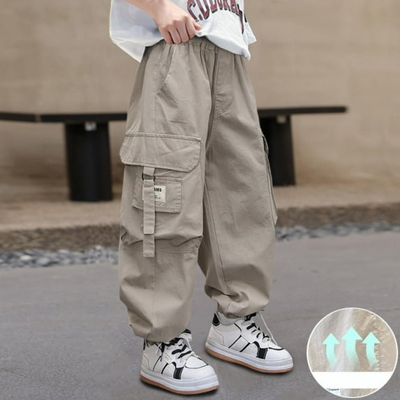 ATOGUTA Cargo Pants for Boys Work Elastic High Waist Jogger Streetwear Kids Pants Casual Loose Trousers Khaki, Size 6-16 Years