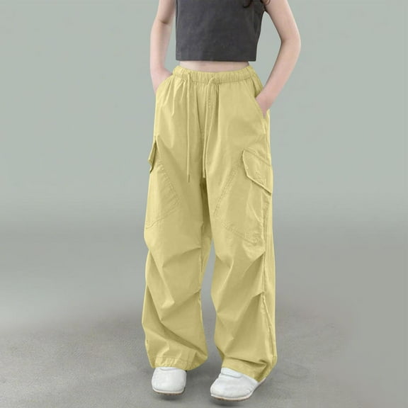 ATOGUTA Cargo Pants for Girls Size 5T-15 High Waisted Elastic Waist Lightweight Outdoor Jogger Pants Yellow
