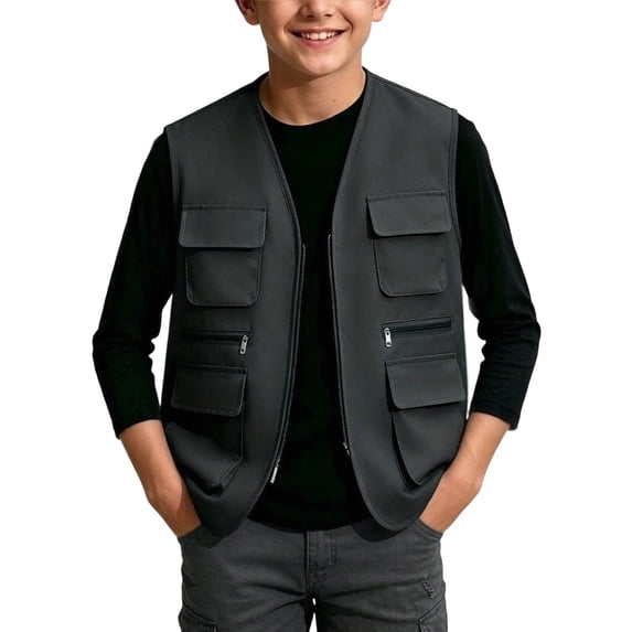 ATOGUTA Cargo Vest Kids Unisex Zip Up Sleeveless Hiking Jacket Lightweight Outerwear with Multi-pocket Size 5T-13