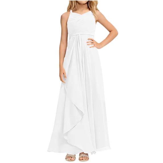 ATOGUTA Casual Dresses for Girls Summer Flowy Long Tween Formal Dress for Wedding Birthday Party Dance Gown Size 1T-15, White