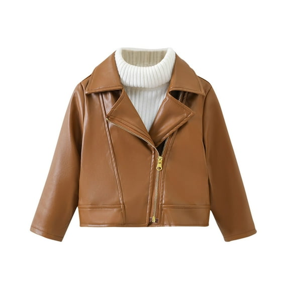 ATOGUTA Children Collar Motorcycle Faux Leather Coats Kids Bomber PU Soft Leather Jackets Brown, Size 2T-7