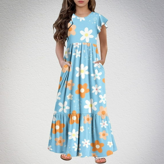 ATOGUTA Dresses for Girls Summer Dress Casual Ruffle Sleeve A Line Casual Elegant Dresses Light Blue, Size 6-12